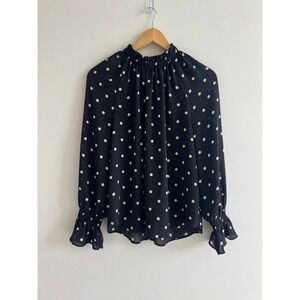 LOFT Black Polka Dot Chiffon Blouse M Ruched Neck Smocked Cuff Coquette